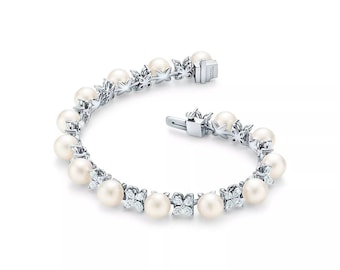 Pearls Freshwater Tennis Bracelet With Marquise Zircon Sterling Silver, Pearl Bracelet,  Women Bracelete, Wedding Bracelet, Gift for her