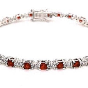 Ruby 4mm Cushion With White Topaz Tennis Bracelet in Platinum Overlay Sterling Silver, Women Jewellery, Anniversary Gift,Gift for her image 1