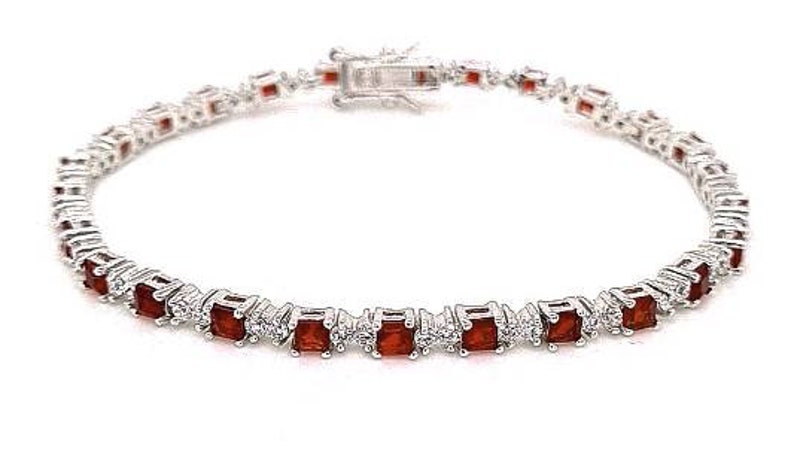 Ruby 4mm Cushion With White Topaz Tennis Bracelet in Platinum Overlay Sterling Silver, Women Jewellery, Anniversary Gift,Gift for her image 1