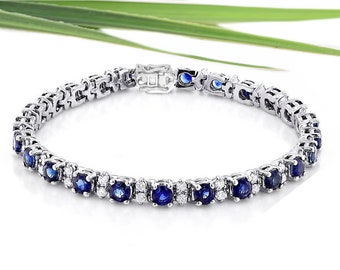 Blue Sapphire With White Topaz Tennis Bracelet in Sterling Silver for Women, Natural Gemstone Bracelet, Handmade Jewelry, Gift For her