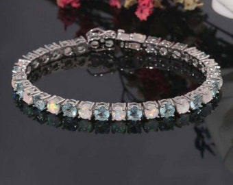 Swiss Blue Topaz and opal Tennis Bracelet in Sterling Silver, Natural Gemstone Bracelet, Handmade Jewelry,Brithstone Bracelete, Gift For her