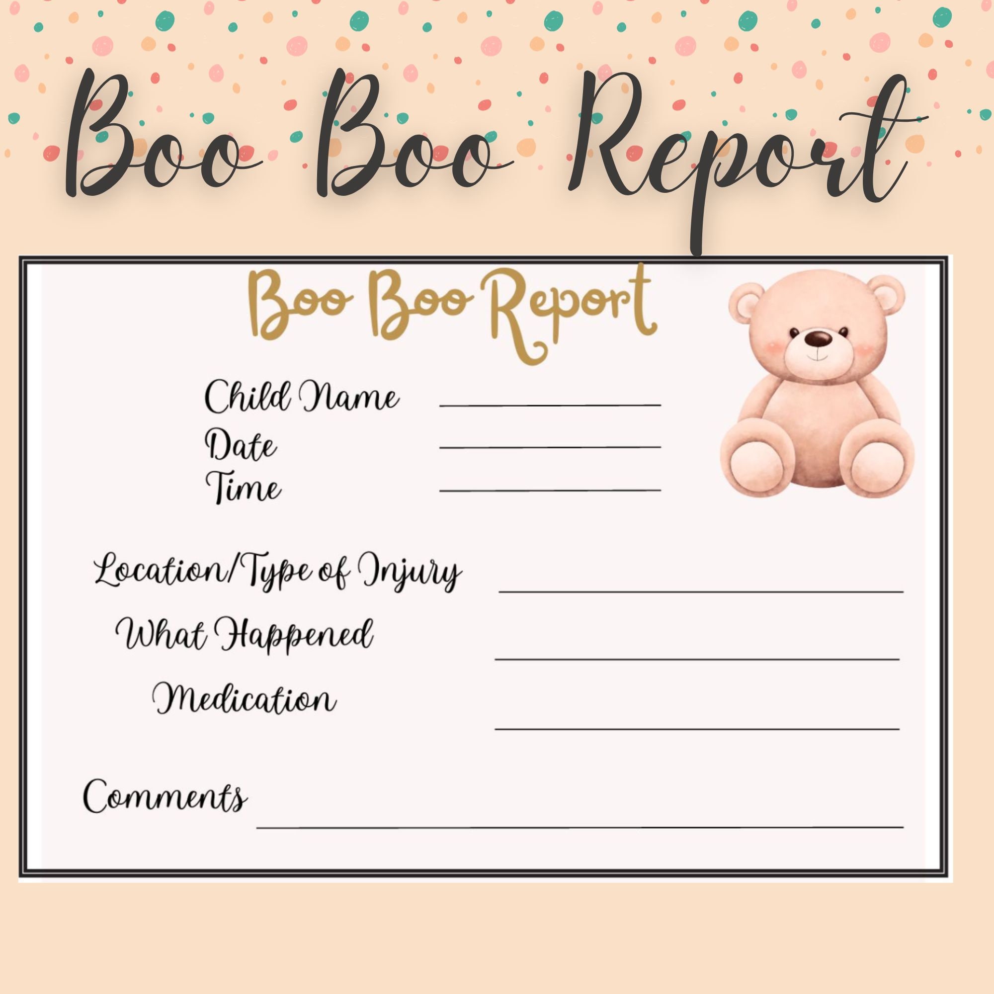 Daycare Boo Boo Report Incident Report Ouch Report for - Etsy