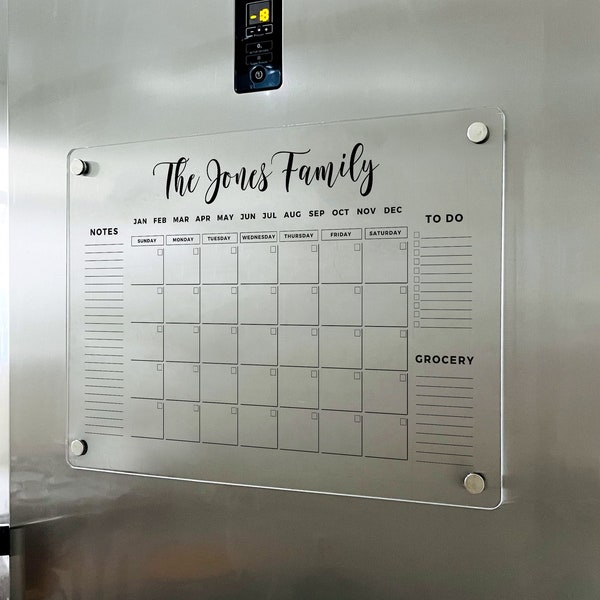 Magnetic Monthly Acrylic calendar, 2023 Planner, Dry Erase Calendar, Personalized Acrylic calendar, Fridge Calendar, Calendar with notes