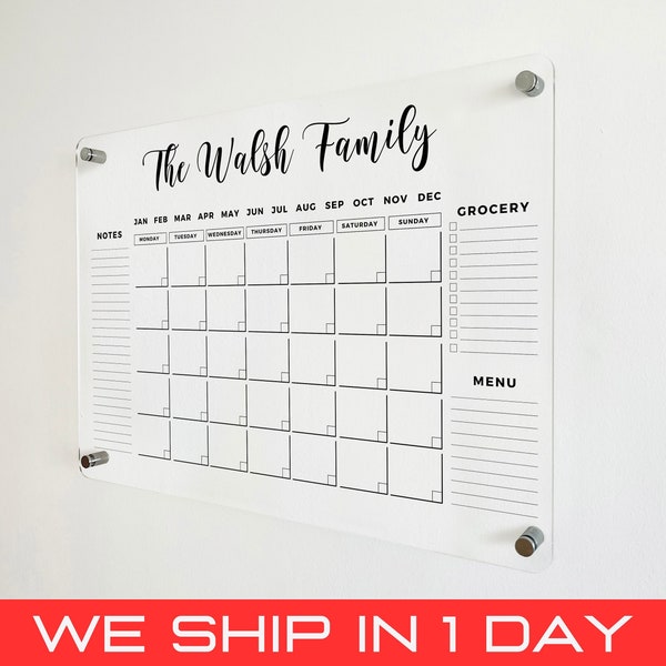 FREE PREVIEW Acrylic Family Planner Wall Calendar - Personalized Dry Erase Board, Dry Erase Calendar, Monthly Weekly Calendar, Transparent
