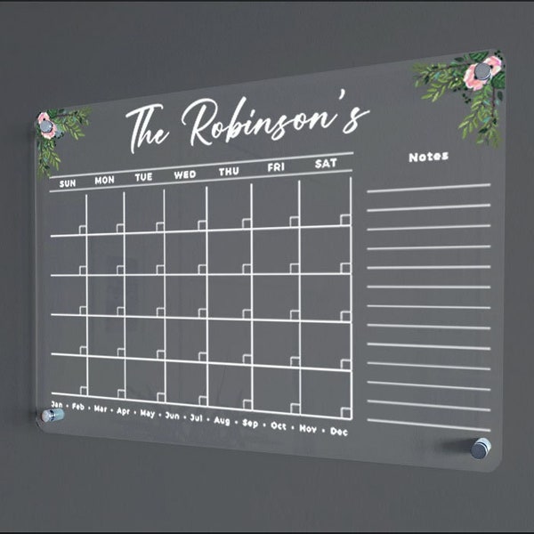 Floral Acrylic Wall Calendar - Personalized Dry Erase Board, Wall Calendar, Monthly and Weekly Calendar, Housewarming Gift, Custom Calendar