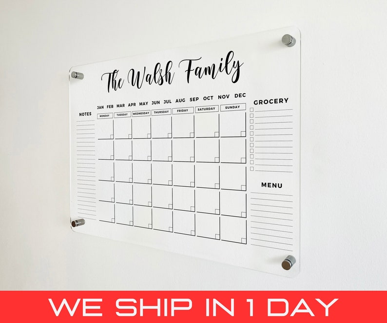 FREE PREVIEW Acrylic Family Planner Wall Calendar Personalized Dry Erase Board, Dry Erase Calendar, Monthly Weekly Calendar, Transparent image 1