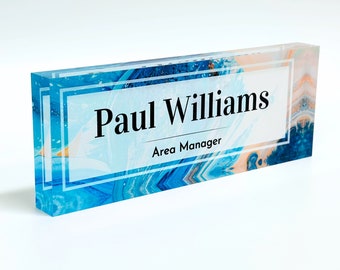 Customized Clear Acrylic Thick 8x3" - Desk Name Plate Block with Personalized Logo - Professional Office Decor - Gift for Teacher Co-workers