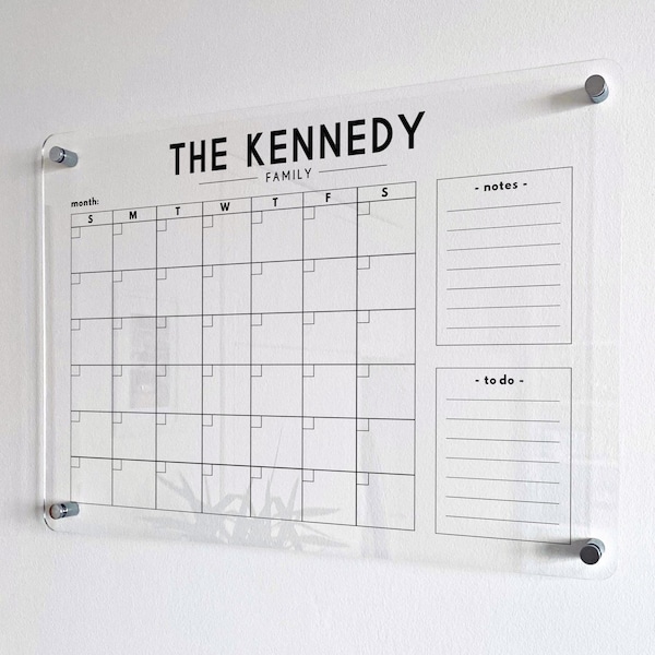 Calendario familiar personalizado de pared acrílico - Pizarra borrable en seco, calendario borrable en seco, calendario mensual y semanal, calendario transparente