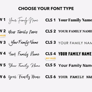 May include: A graphic displaying six different font styles for a family name. The font styles are labelled HW 1 through HW 6 and CLS 1 through CLS 6. Two of the font styles are marked as "Best Seller".