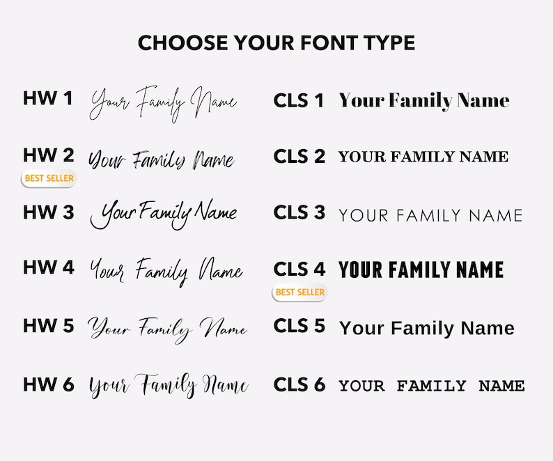 May include: A graphic displaying six different font styles for a family name. The font styles are labelled HW 1 through HW 6 and CLS 1 through CLS 6. Two of the font styles are marked as "Best Seller".