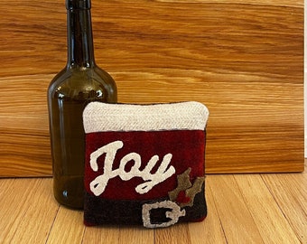 Christmas Joy Santa Belt, Handmade, Holiday Accent Pillow Wool Applique