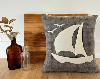 Wool Embroidered Sailboat Throw Pillow SQ GR, Hand Embroidered Wool Applique