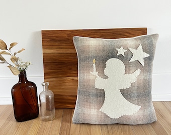 Sweet Angel Accent Pillow, Hand Embroidered Wool Applique
