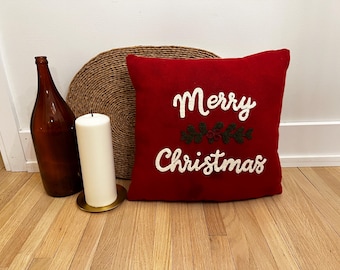 Merry Christmas Red Flannel Applique Accent Pillow