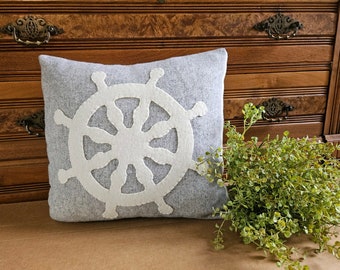 Hand Embroidered Wool Throw Pillow, Captain Wheel Applique