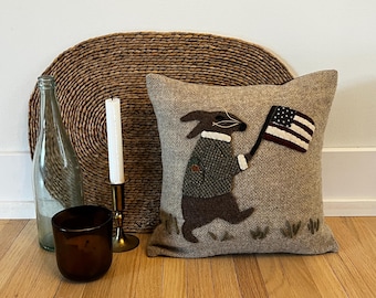 Walter the Walking Rabbit Accent Pillow, Americana, Primitive Wool Applique