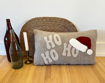 Hand-Stitched Wool Christmas Pillow, Plaid 'Ho Ho Ho' Santa Hat Applique