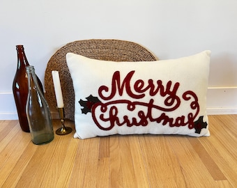 Merry Christmas Holly Hand-Stitched Throw Pillow, Cream Wool, Red Script