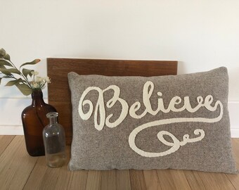 Believe Holiday Throw Pillow, Wool Tweed Taupe and Cream - Hand-stitched Applique