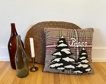 Peace, Snow Capped Evergreen Holiday Pillow, Hand Stitched, Wool Appliqué