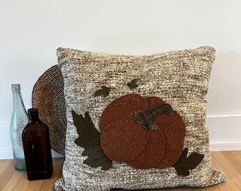 Upcycled Primitive Pumkin Pillow, Hand Stitched Wool Appliqué