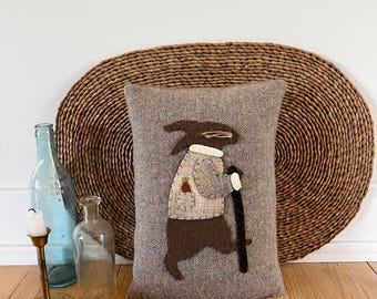 Walter the Walking Rabbit Accent Pillow - OM, Primitive Wool Applique