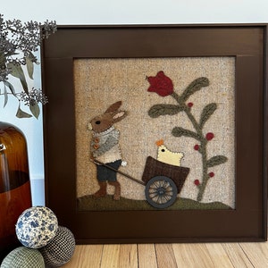 Peter Cottontail Wagon Wool Wall Art - Hand gestikte wol Applique