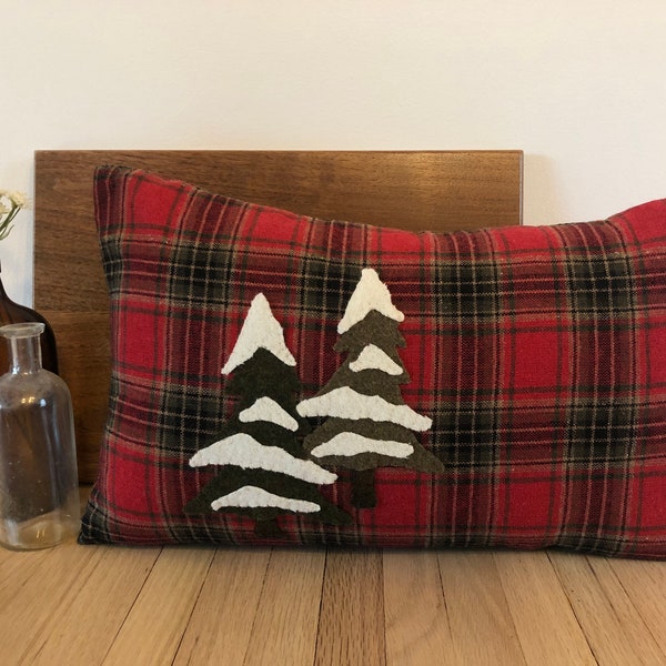 Plaid, Holiday, Snow Capped Trees Throw Pillow - Hand Stitched Applique