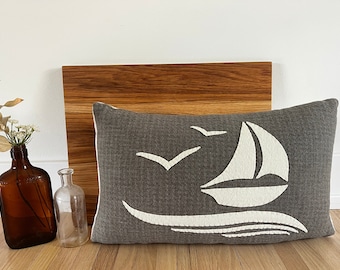 Wool Embroidered Sailboat Throw Pillow, Hand Embroidered Wool Applique