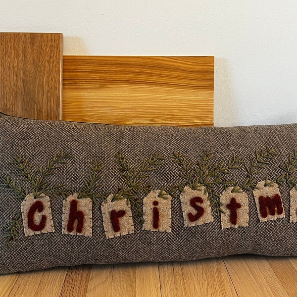 Christmas Tags Embroidered Throw Pillow - Hand Stiched Wool