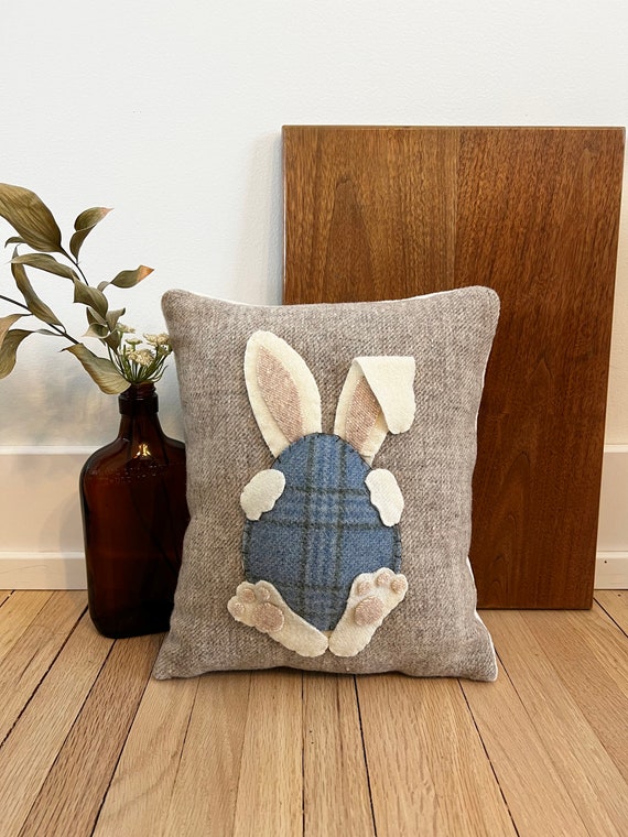 Peek A Boo Easter Rabbit Pillow, Wool Applique