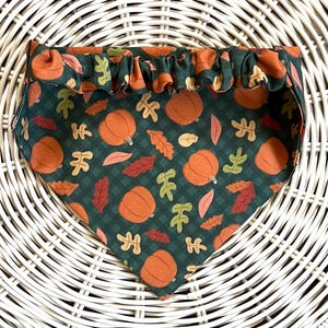 May include: A triangular pet bandana with a dark green background featuring orange pumpkins and autumn leaves. The bandana has a gathered top edge and is designed to be worn around a pet's neck.