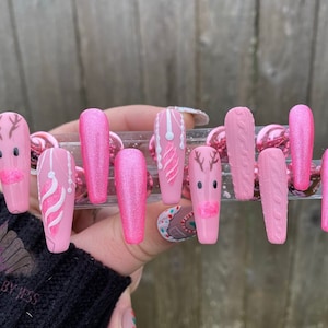 Pink Reindeer Press On Nails