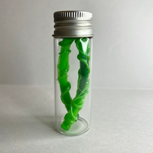 May include: A small glass vial with a silver lid containing a bright green, twisted, rubber-like substance.
