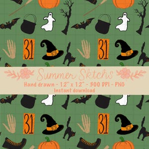 spooky vintage halloween seamless pattern PNG file 300 DPI instant download hand-drawn file Sublimation Fabric Surface Design digital paper