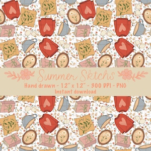 May include: A repeating pattern featuring illustrations of sweaters, pillows, books, teacups, and oval frames with flowers. The design includes the text "Summer Sketches" and "Hand drawn - 12" x 12" - 300 DPI - PNG - Instant download". The background is a floral pattern.