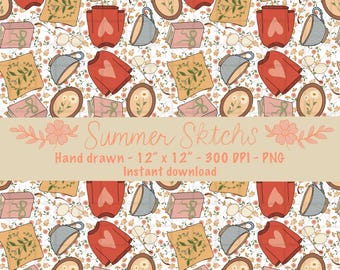 Grannycore Seamless Pattern: Hand-Drawn Fall Design (PNG File, Digital Download)