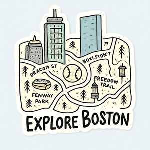 May include: A sticker featuring a map of Boston with landmarks like Fenway Park and the Freedom Trail. The design includes illustrations of buildings, trees, a baseball, and the text "EXPLORE BOSTON". The color palette is primarily cream, black, and light blue.