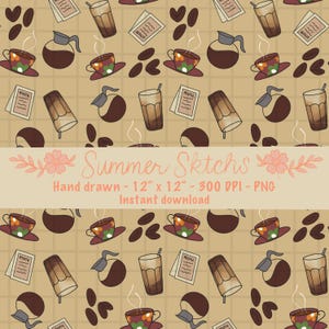 hot and iced coffee seamless pattern PNG file 300 DPI instant download hand-drawn fall file Sublimation Fabric Surface Design digital paper