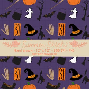 spooky vintage halloween seamless pattern PNG file 300 DPI instant download hand-drawn file Sublimation Fabric Surface Design digital paper