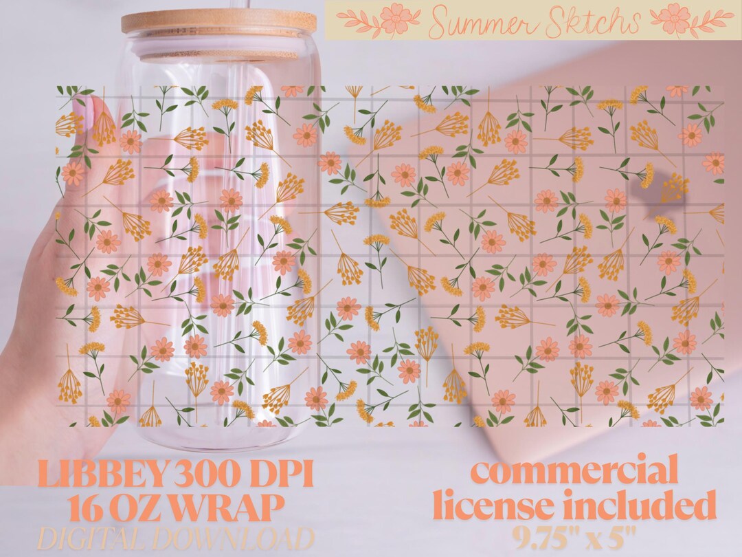 Floral Glass Can Wrap PNG File: 16oz Sublimation Design (digital ...