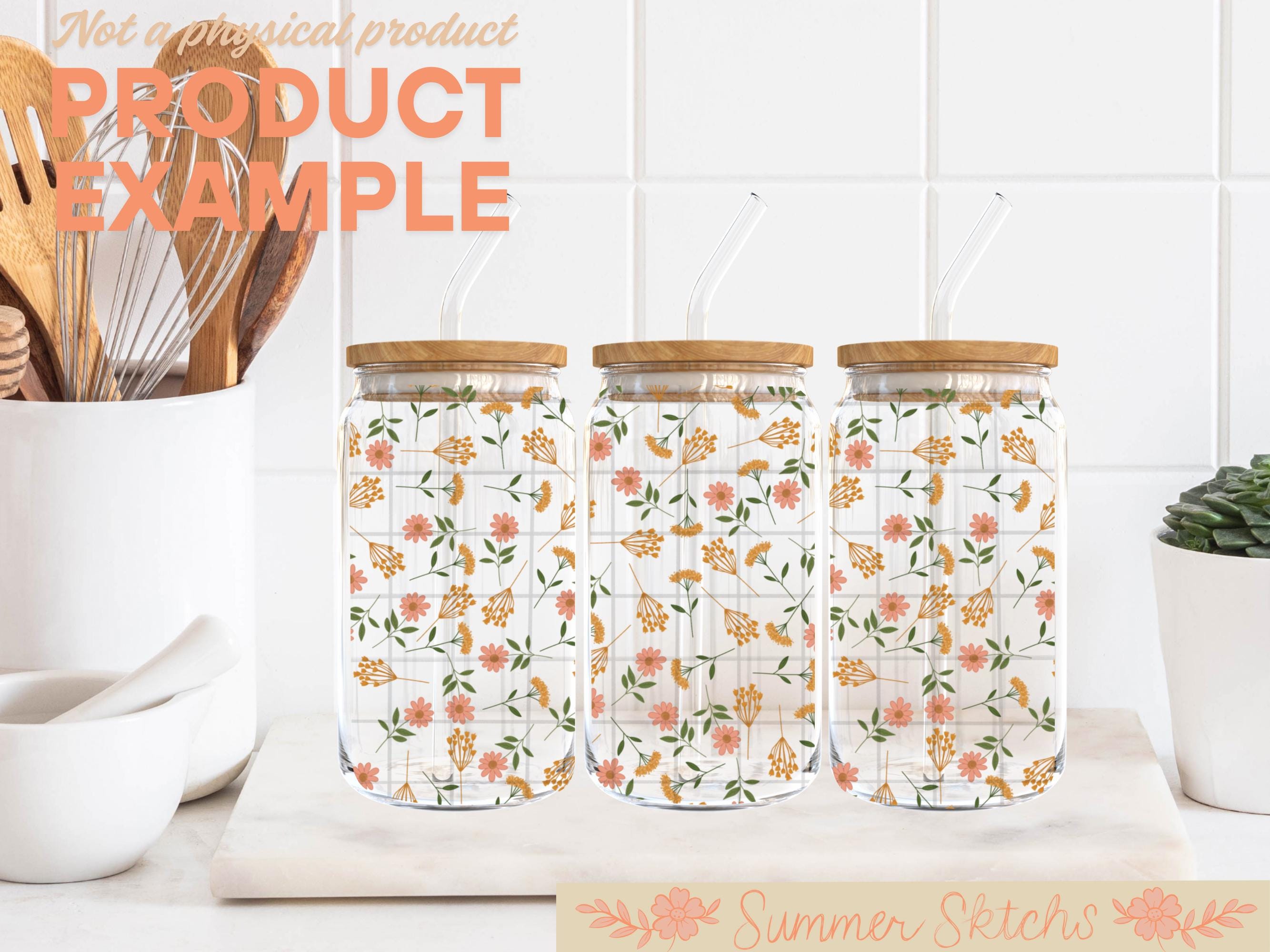 Floral Glass Can Wrap PNG File: 16oz Sublimation Design (digital ...