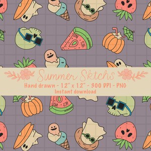 cute fun summerween seamless pattern PNG file 300 DPI instant download hand-drawn fall file Sublimation Fabric Surface Design digital paper