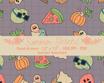 schattig leuk zomerkruid naadloos patroon PNG-bestand 300 DPI instant download handgetekende herfstbestand sublimatie stof Surface Design digitaal papier