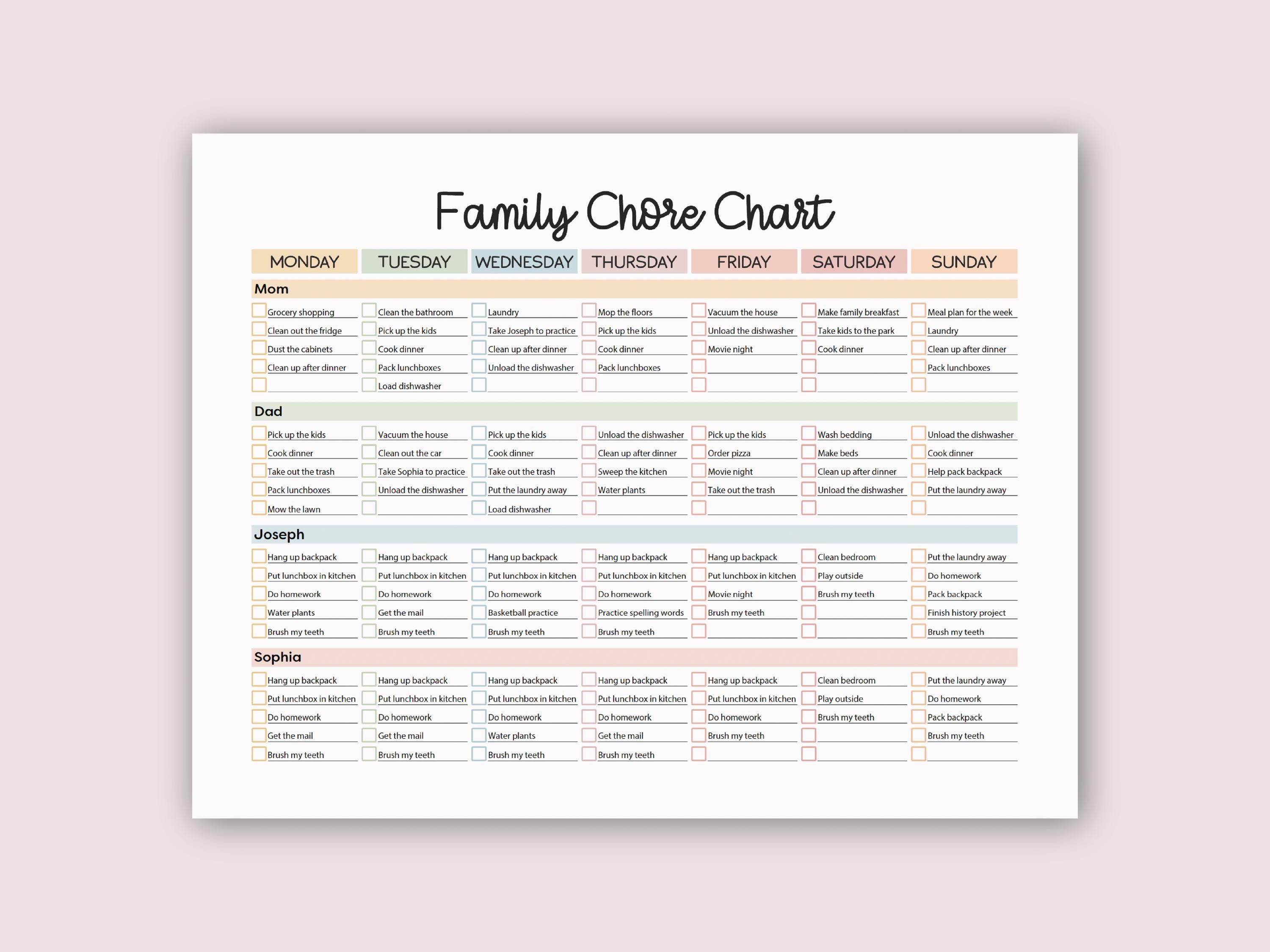 Family Chore Chart Editable Chore Chart Family Chore Chart 4 People ...