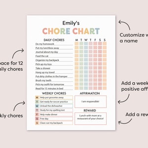 May include: A printable chore chart for kids with a colorful design. The chart includes space for 12 daily chores, a weekly affirmation, and a weekly reward. The chart is customizable with a name.