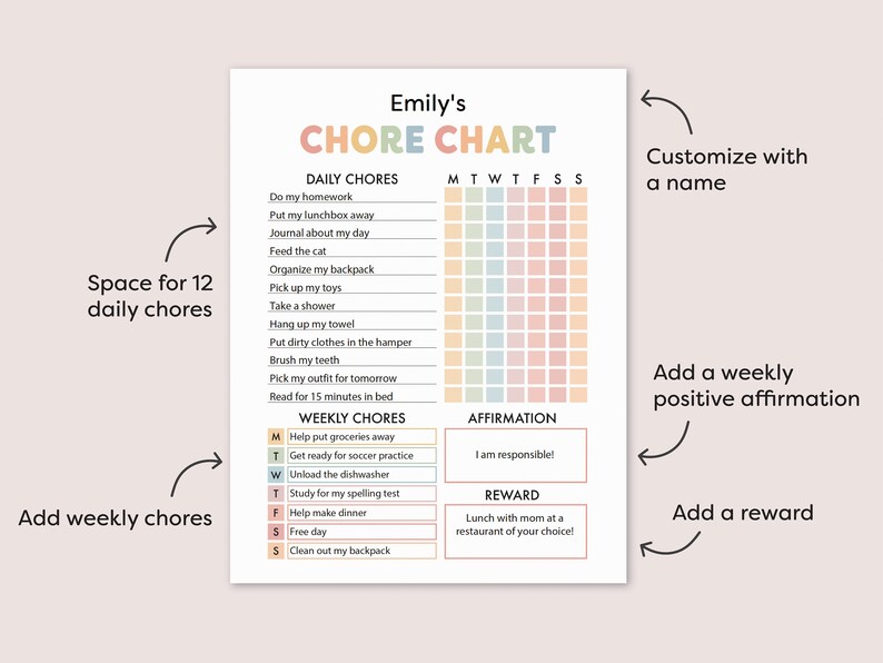 May include: A printable chore chart for kids with a colorful design. The chart includes space for 12 daily chores, a weekly affirmation, and a weekly reward. The chart is customizable with a name.
