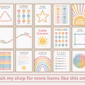 Pode incluir: Conjunto de 10 cartazes imprim&iacute;veis com ilustra&ccedil;&otilde;es coloridas e texto relacionado a estrat&eacute;gias de enfrentamento, sentimentos e mindfulness para crian&ccedil;as.  Inclui t&iacute;tulos como "Respira&ccedil;&atilde;o triangular", "Estrat&eacute;gias de enfrentamento", "Respira&ccedil;&atilde;o de estrela", "Canto tranquilo", "Sentimentos", "Respira&ccedil;&atilde;o em caixa", "Ancoragem arco-&iacute;ris", "Ancoragem 5-4-3-2-1", "Fa&ccedil;a o check-in com voc&ecirc; mesmo" e "Seus sentimentos importam".