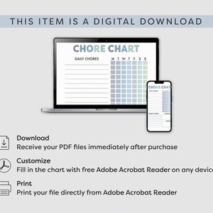 May include: A digital download of a printable chore chart. The chart is designed with a blue and green color scheme and includes a section for daily chores and a weekly calendar grid. The text "CHORE CHART" is displayed in bold, colorful letters at the top of the chart.
