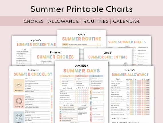 Kids Summer Printable Charts: 2026 Summer Chores, Summer Activities, Summer Screen Time Chart, Summer Bucket List, June July August Calendar